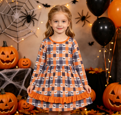 Baby Girls Kids Long Sleeves Bats Plaid Halloween Knee Length Dress