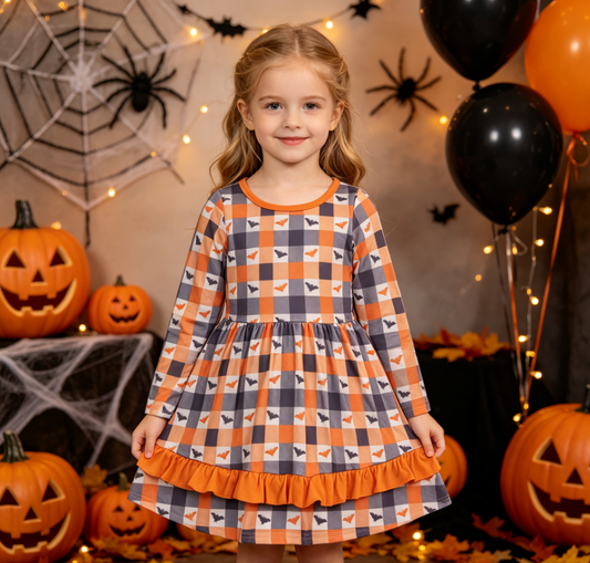 Baby Girls Kids Long Sleeves Bats Plaid Halloween Knee Length Dress
