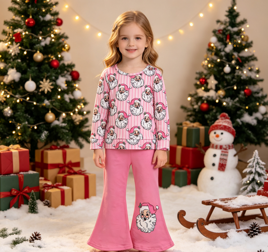 Baby Girls Kids Long Sleeves Christmas Santa Stripes Shirt Pink Pants Set Clothes