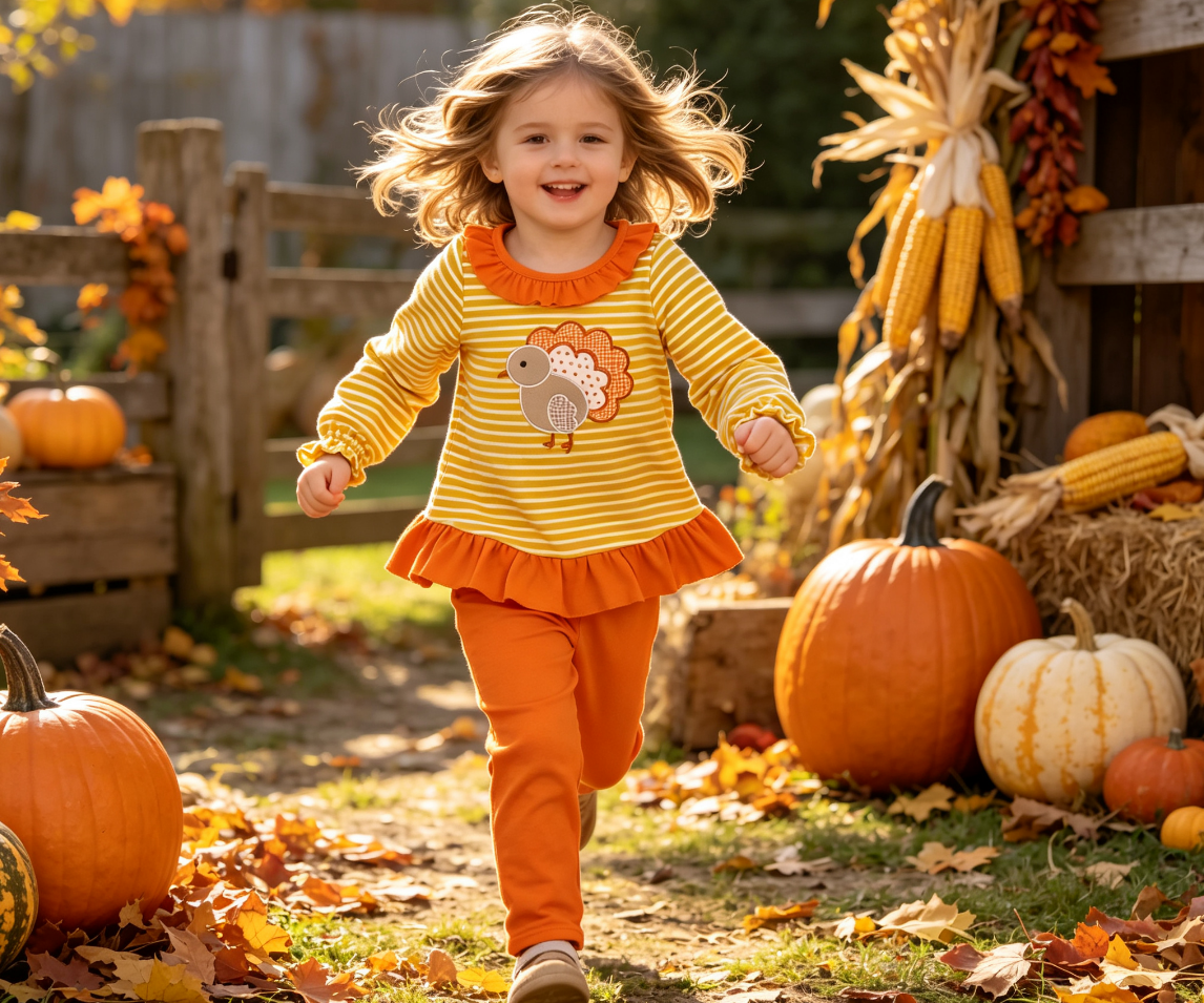 Baby Girls Kids Embroidery turkey Stripes Tunic Orange Pants Set Fall Clothes