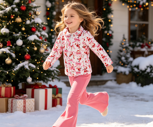 Baby Girls Kids Christmas Santa Bows Zipper Pockets Tops Pink Pants Set Clothes