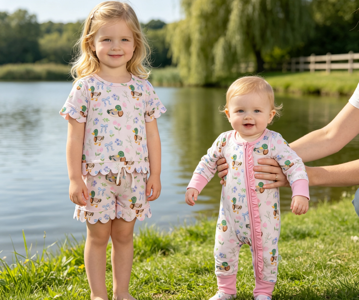 Sibling Baby Girls Kids Ducks Flower Bows Zipper Romper Pockets Set Clothes RTS