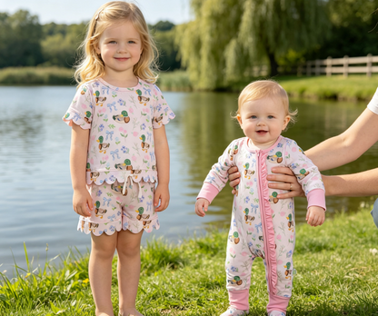 Sibling Baby Girls Kids Ducks Flower Bows Zipper Romper Pockets Set Clothes RTS