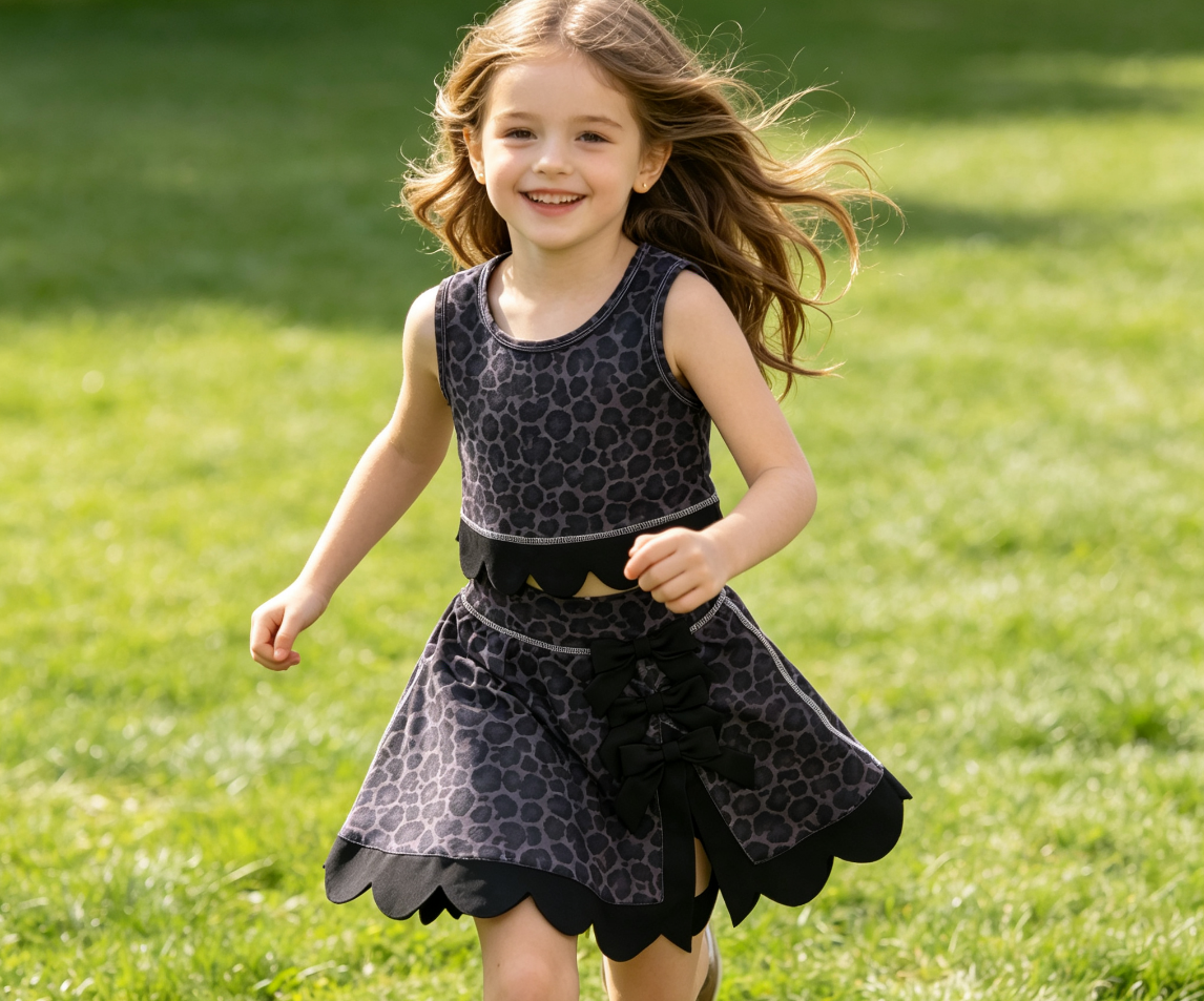 Baby Girls Kids Black Leopard Vest Bows Scallop Bows Skirt Shorts Yoga Active Set Clothes