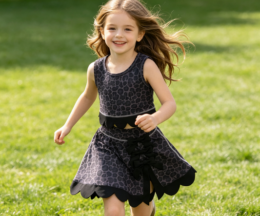 Baby Girls Kids Black Leopard Vest Bows Scallop Bows Skirt Shorts Yoga Active Set Clothes