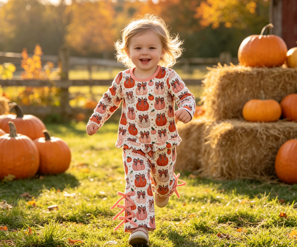 Baby Girls Kids Long Sleeves Pumpkins Bows Scallop Shirt Pants Set Fall Clothes