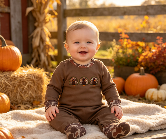 Baby Boys Infant Long Sleeves Embroidery Camo turkey Fall Romper