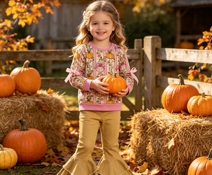 Baby Girls Pumpkins Bows Flower Shirt Jeans Denim Pants Set Fall Clothes