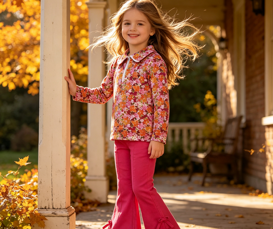 Baby Girls Long Sleeves Flower Zipper Shirt Hot Pink Jeans Denim Pants Set Clothes