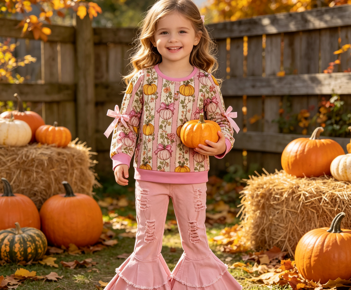 Baby Girls Pumpkins Bows Flower Shirt Pink Jeans Denim Pants Set Fall Clothes