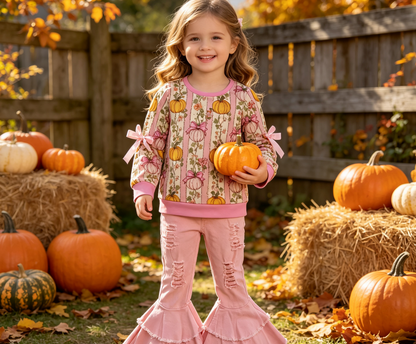 Baby Girls Pumpkins Bows Flower Shirt Pink Jeans Denim Pants Set Fall Clothes