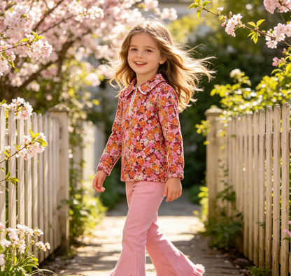 Baby Girls Long Sleeves Flower Zipper Shirt Pink Jeans Denim Pants Set Clothes