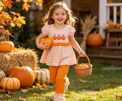 Baby Girl Kids Embroidery Pumpkins Bows Stripes Tunic Ruffle Pants Fall Set Clothes