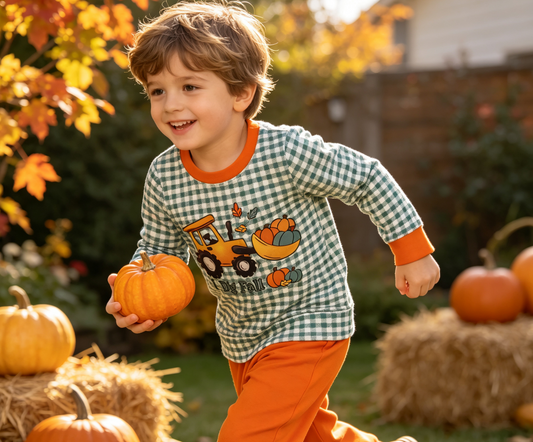 Baby Boys Kids Long Sleeves Pumpkins Tractor Shirt Orange Pants Set Fall Clothes