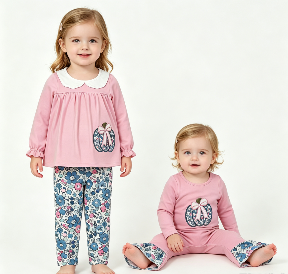 Sibling Baby Girls Kids Embroidery Thanksgiving Pumpkins Bows Flower Romper Set Fall Clothes