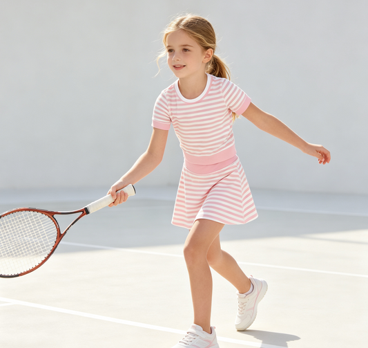 Baby Girls Kids Short Sleeves Shirt Pink Stripes Skirt Shorts Set Yoga Active Clothes