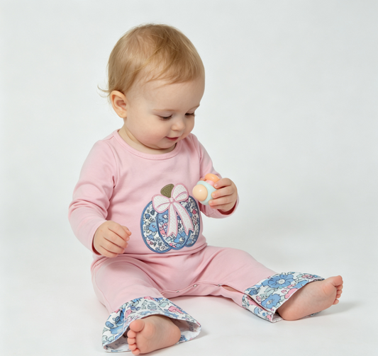 Baby Girls Infant Long Sleeves Embroidery Pumpkin Bow Flower Ruffle Fall Romper