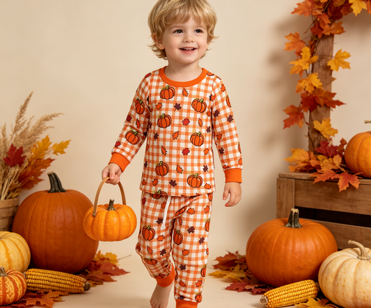 Baby Boys Kids Long Sleeves Pumpkins Orange Plaid Shirt Pockets Pants Set Fall Clothes