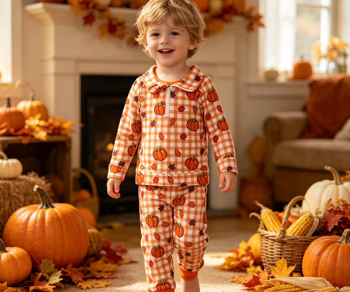 Baby Boys Kids Pumpkins Plaid Zipper Pullover Pockets Pants Set Fall Clothes
