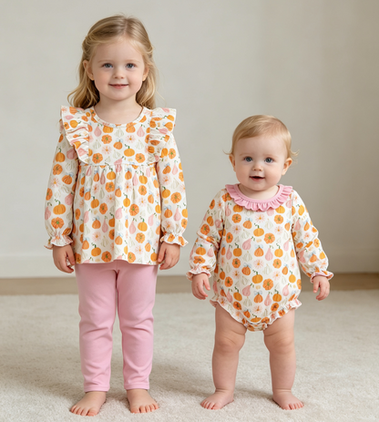 Sibling Baby Girls Kids Thanksgiving Pumpkins Bows Romper Set Fall Clothes