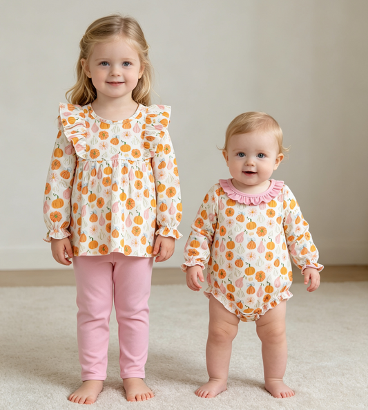 Sibling Baby Girls Kids Thanksgiving Pumpkins Bows Romper Set Fall Clothes