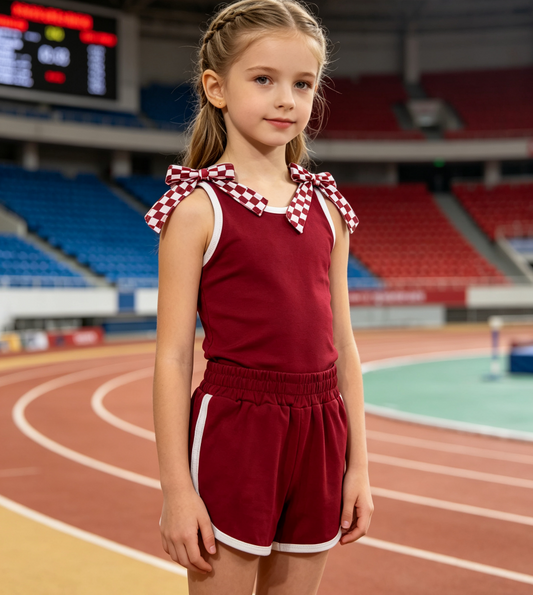 Baby Girls Kids Sleeveless Checked Bows Shirt Shorts Dark Red Set Summer Clothes
