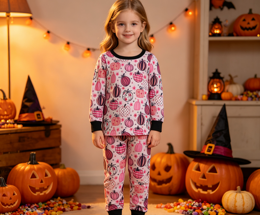 Baby Girls Kids Long Sleeves Pink Pumpkins Flower Shirt Pants Pajamas Set Fall Clothes