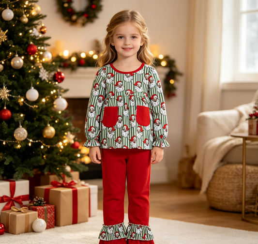 Baby Girl Kids Christmas Santa Stripes Pockets Tunic Red Ruffle Pants Set Clothes
