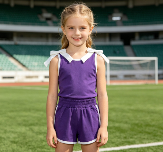 Baby Girls Kids White Trim Sleeveless Bows Shirt Shorts Purple Set Summer Clothes