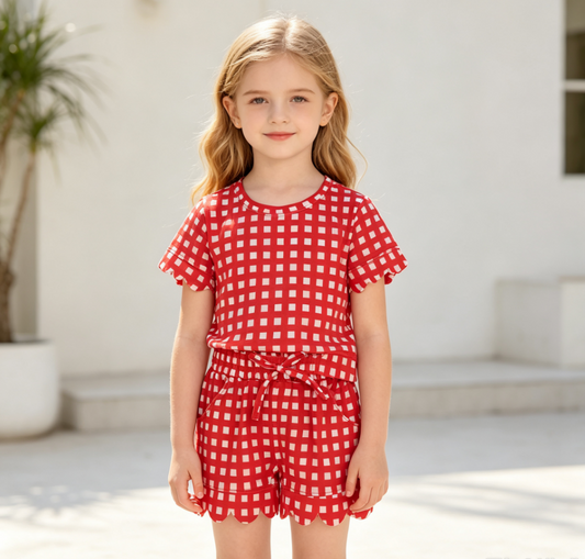 Baby Girls Kids Short Sleeves Red Plaid Shirt Scallop Shorts Set Clothes