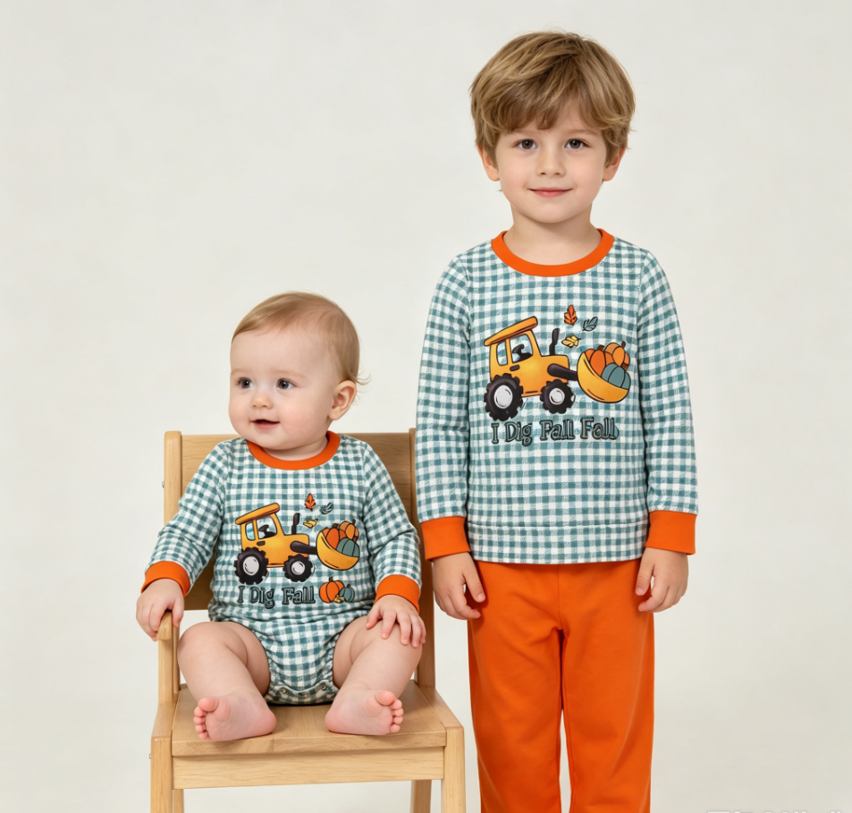 Sibling Baby Boys Kids Long Sleeves Pumpkins Tractor Plaid Romper Set Fall Clothes