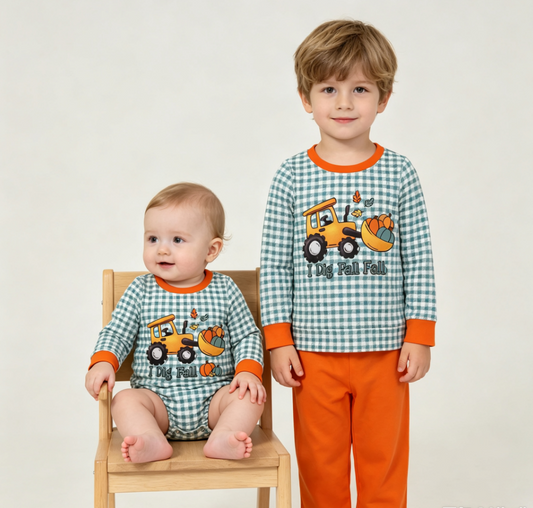 Sibling Baby Boys Kids Long Sleeves Pumpkins Tractor Plaid Romper Set Fall Clothes