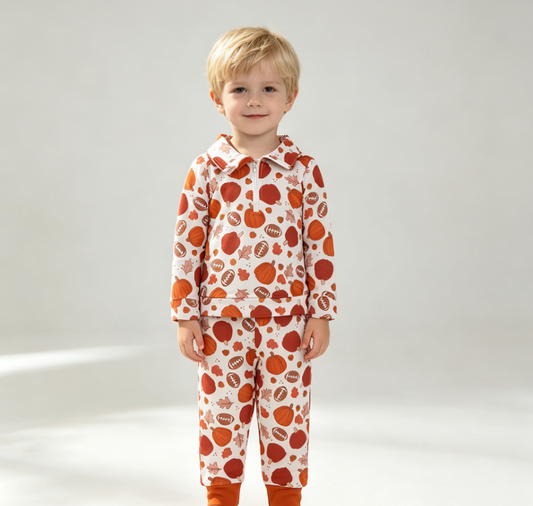 Baby Boys Kids Pumpkins Football Zipper Pullover Pockets Pants Set Fall Clothes