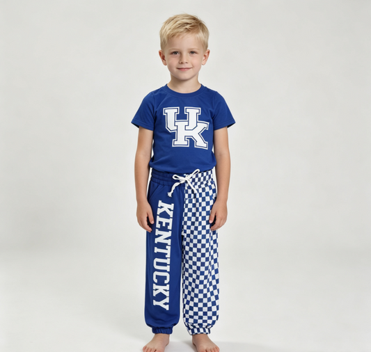 Baby Boys Kids Blue Short Sleeves Cotton Shirt Checked Pockets Pants Team Set Clothes