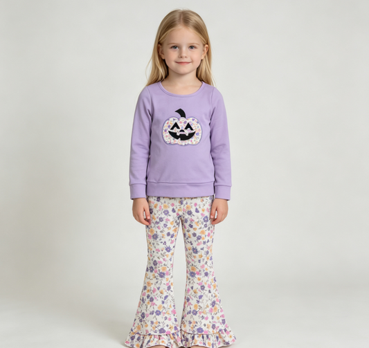 Baby Girls Kids Embroidery Pumpkin Bow Purple Shirt Flower Pants Set Halloween Clothes