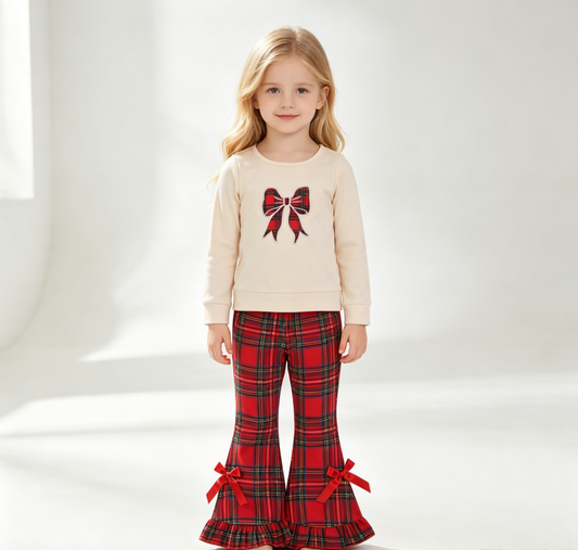 Baby Girls Kids Embroidery Christmas Bows Tunic Plaid Pants Set Clothes