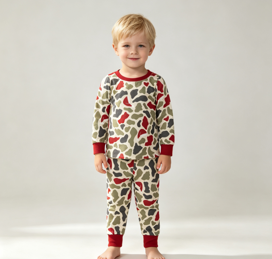 Baby Boys Kids Long Sleeves Green Red Camo Shirt Pants Set Pajamas Christmas Clothes