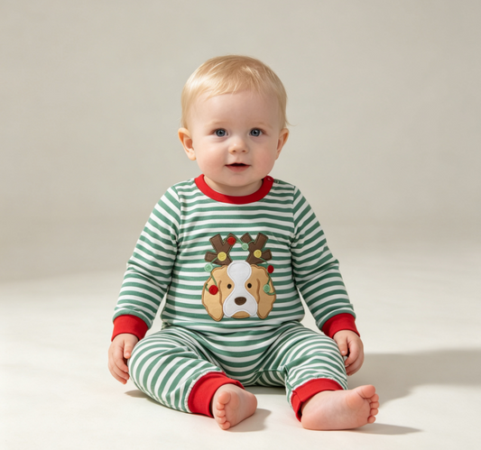 Baby Boy Kids Long Sleeves Embroidery Christmas Dog Green Stripes Romper Clothes