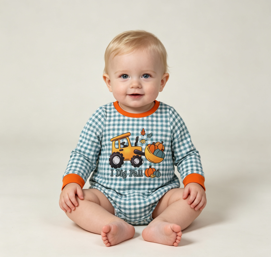 Baby Boys Infant Long Sleeves Pumpkins Tractor Plaid Fall Bubble Romper Clothes
