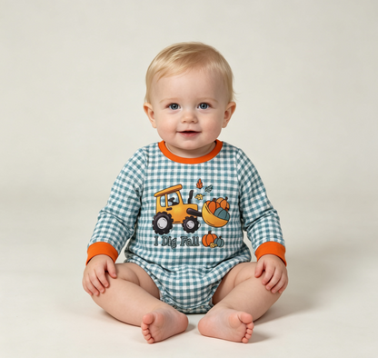Baby Boys Infant Long Sleeves Pumpkins Tractor Plaid Fall Bubble Romper Clothes