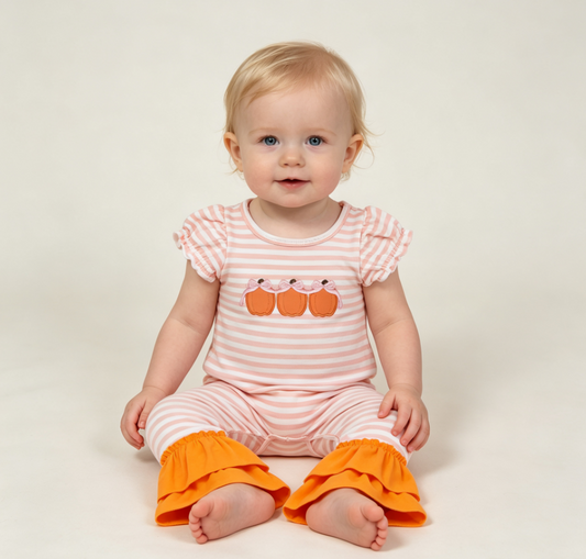 Baby Girl Kids Short Sleeves Embroidery Pumpkins Bows Stripes Romper Fall Clothes