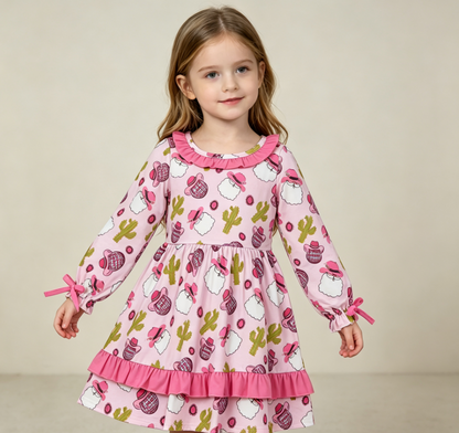 Baby Girls Kids Long Sleeves Christmas Santa Cactus Western Dress
