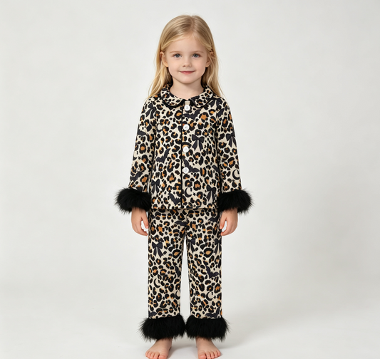 Baby Girls Kids Bats Leopard Bows Buttons Shirt Black Fur Pants Halloween Pajamas Set Clothes