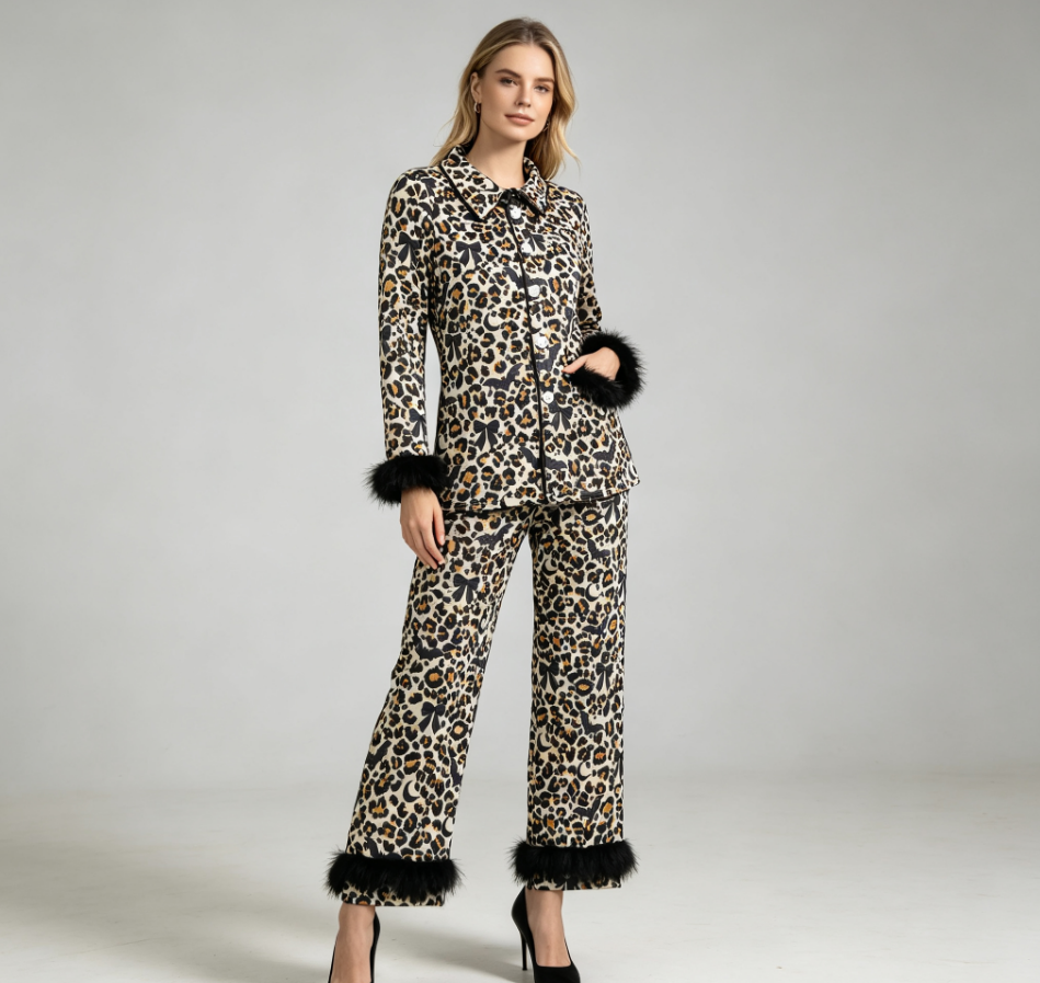 Adult Women Bats Bows Leopard Buttons Shirt Black Fur Pants Pajamas Halloween Set
