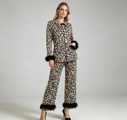 Adult Women Bats Bows Leopard Buttons Shirt Black Fur Pants Pajamas Halloween Set