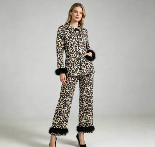 Adult Women Bats Bows Leopard Buttons Shirt Black Fur Pants Pajamas Halloween Set
