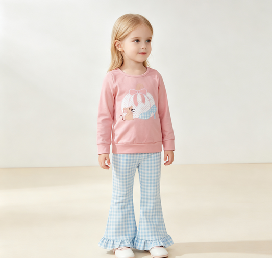 Baby Girls Kids Long Sleeves Pumpkin Bows Tops Blue Plaid Pants Set Fall Clothes