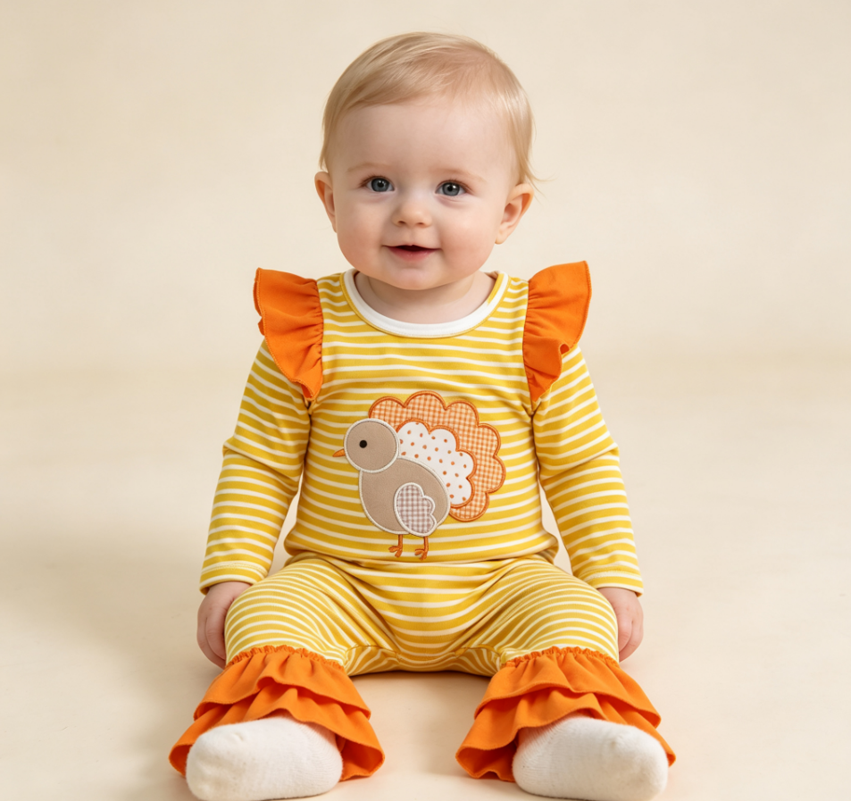 Baby Girl Kids Embroidery turkey Stripes Thanksgiving Romper Clothes