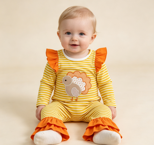 Baby Girl Kids Embroidery turkey Stripes Thanksgiving Romper Clothes