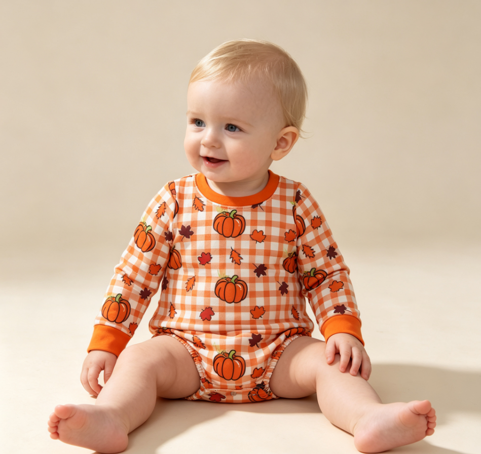Baby Boys Infant Long Sleeves Pumpkins Orange Plaid Fall Bubble Romper Clothes